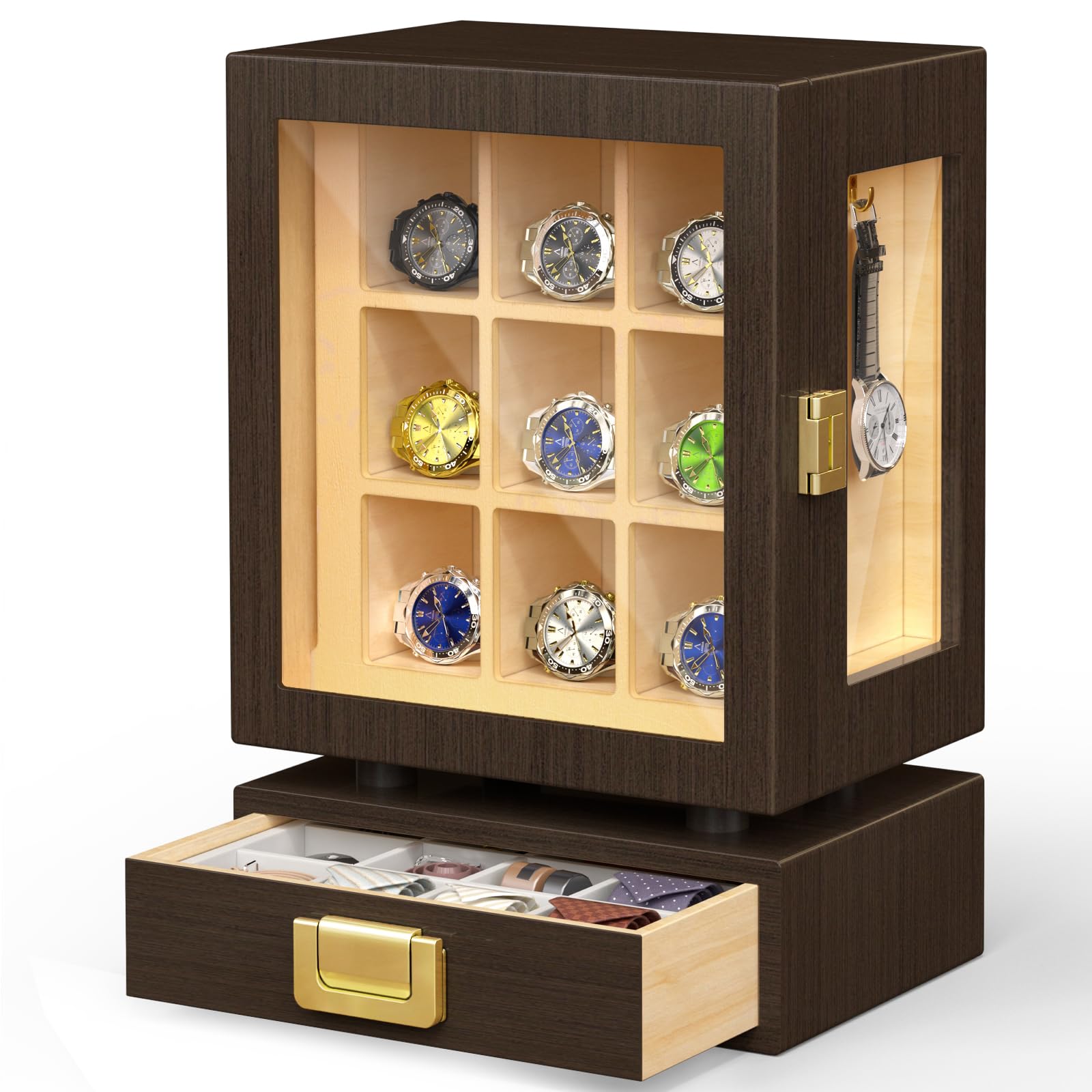 Watch Display Box - กล่องเก็บนาฬิกาไม้ทรงสี่เหลี่ยมแบบกำหนดเอง กล่องโชว์นาฬิกาไม้วอลนัทแท้ ลิ้นชักกันน้ำ ความจุขนาดใหญ่ ที่เก็บนาฬิกาทันสมัย
